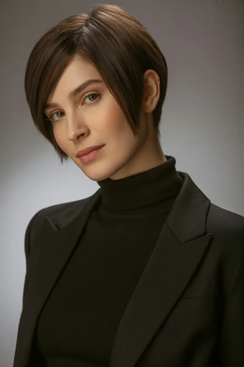 spring long pixie haircut 2026 Sleek Espresso Long Pixie with Undercut Detail