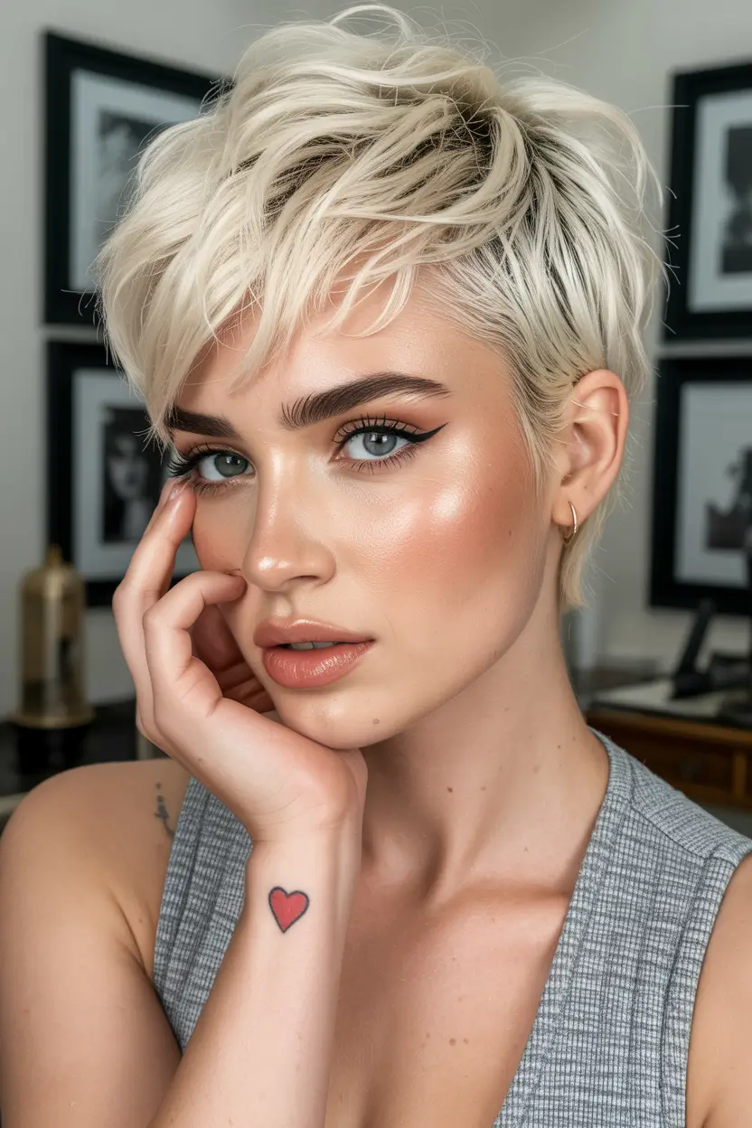 spring long pixie haircut 2026 Choppy Icy Blonde Long Pixie with Lifted Crown