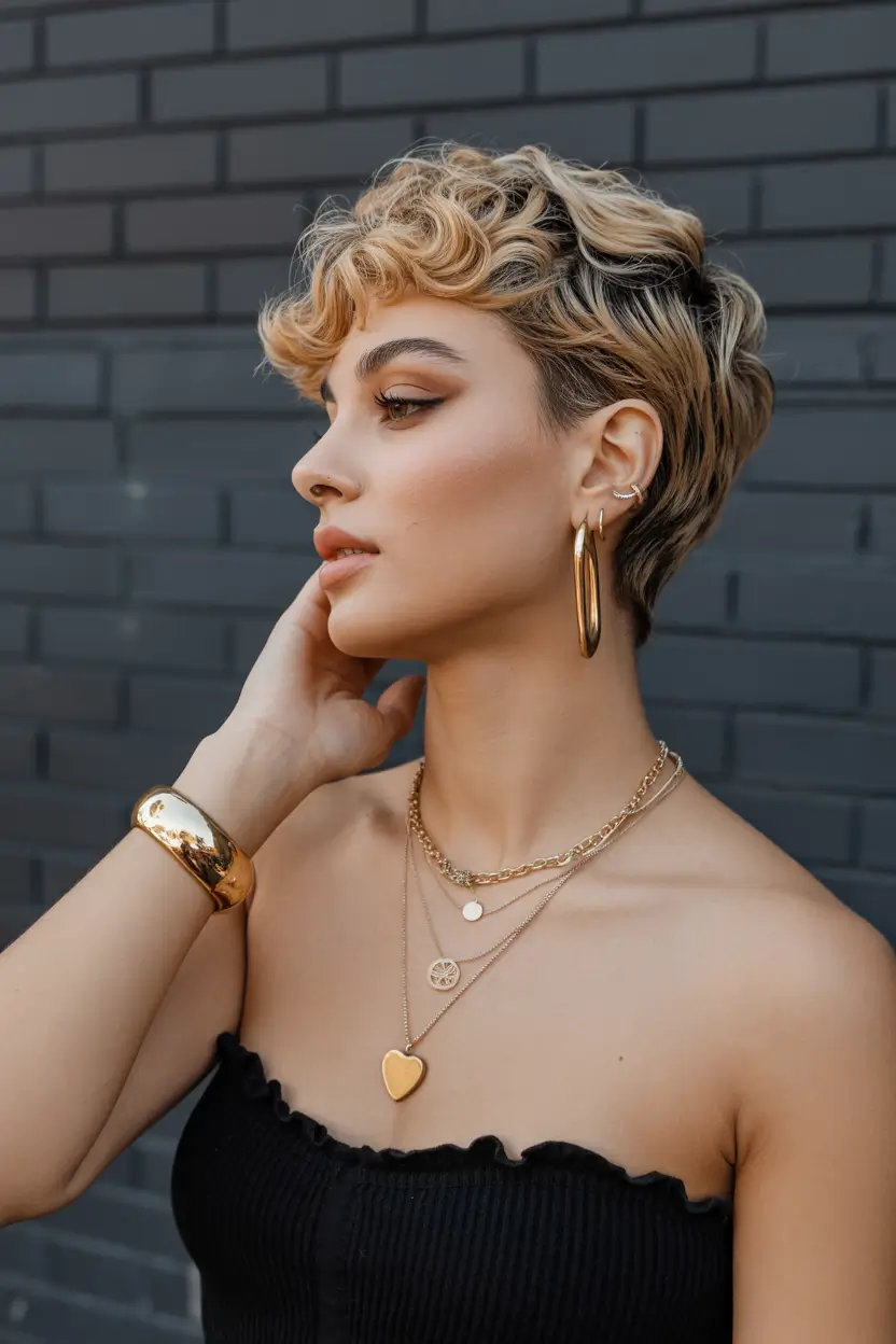 spring long pixie haircut 2026 Golden Wavy Pixie with Sculpted Edges