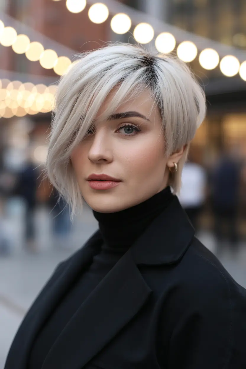 spring long pixie haircut 2026 City Chic Platinum with Deep Side Bangs
