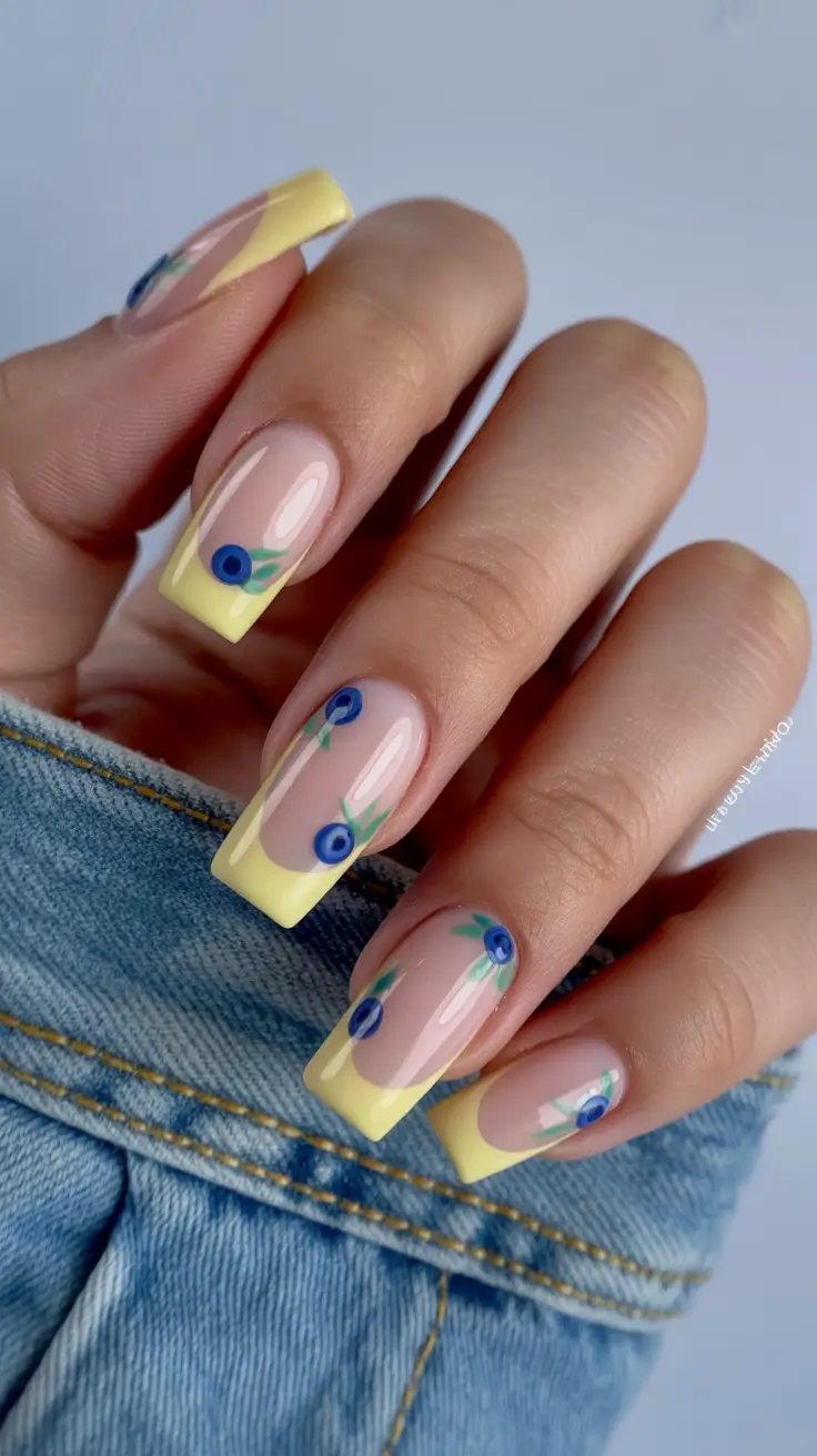 spring nail art 2026 Yellow Square Tips With Blue Floral Accents