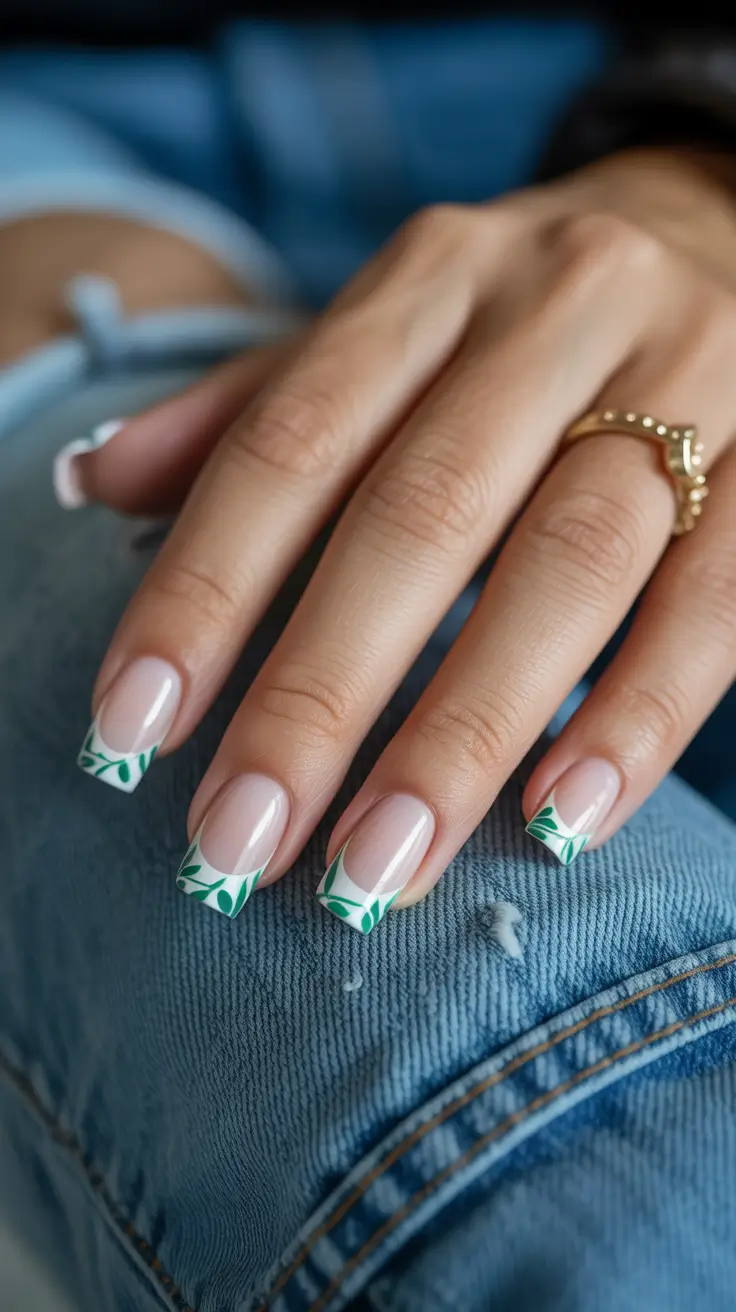 spring nail art 2026 Green Leaf French Tips With Soft Nude Base