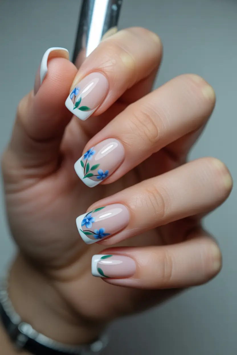 spring nail art 2026 Classic White French With Blue Floral Accents