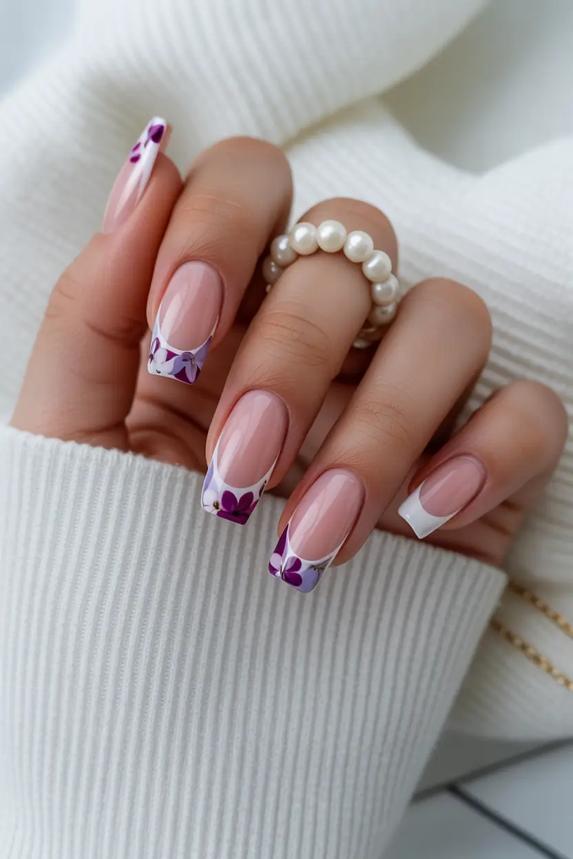 spring nail art 2026 Lavender French Tips With Purple Floral Details