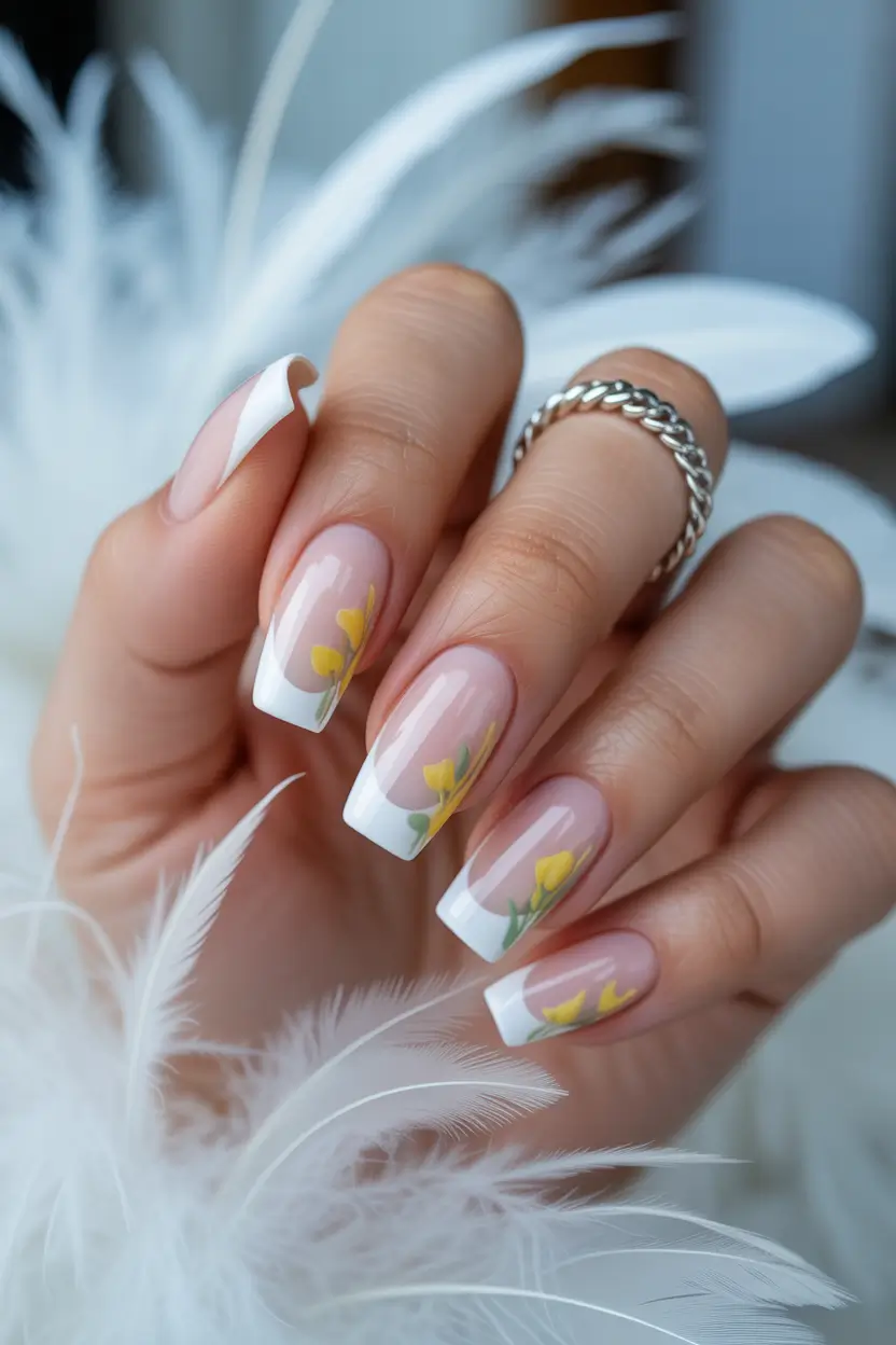 cute spring nail art 2026 Soft French With Tiny Yellow Florals