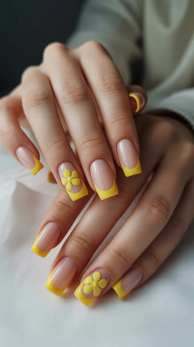 cute spring nail art 2026 Sunny Yellow French Tips With Floral Accents