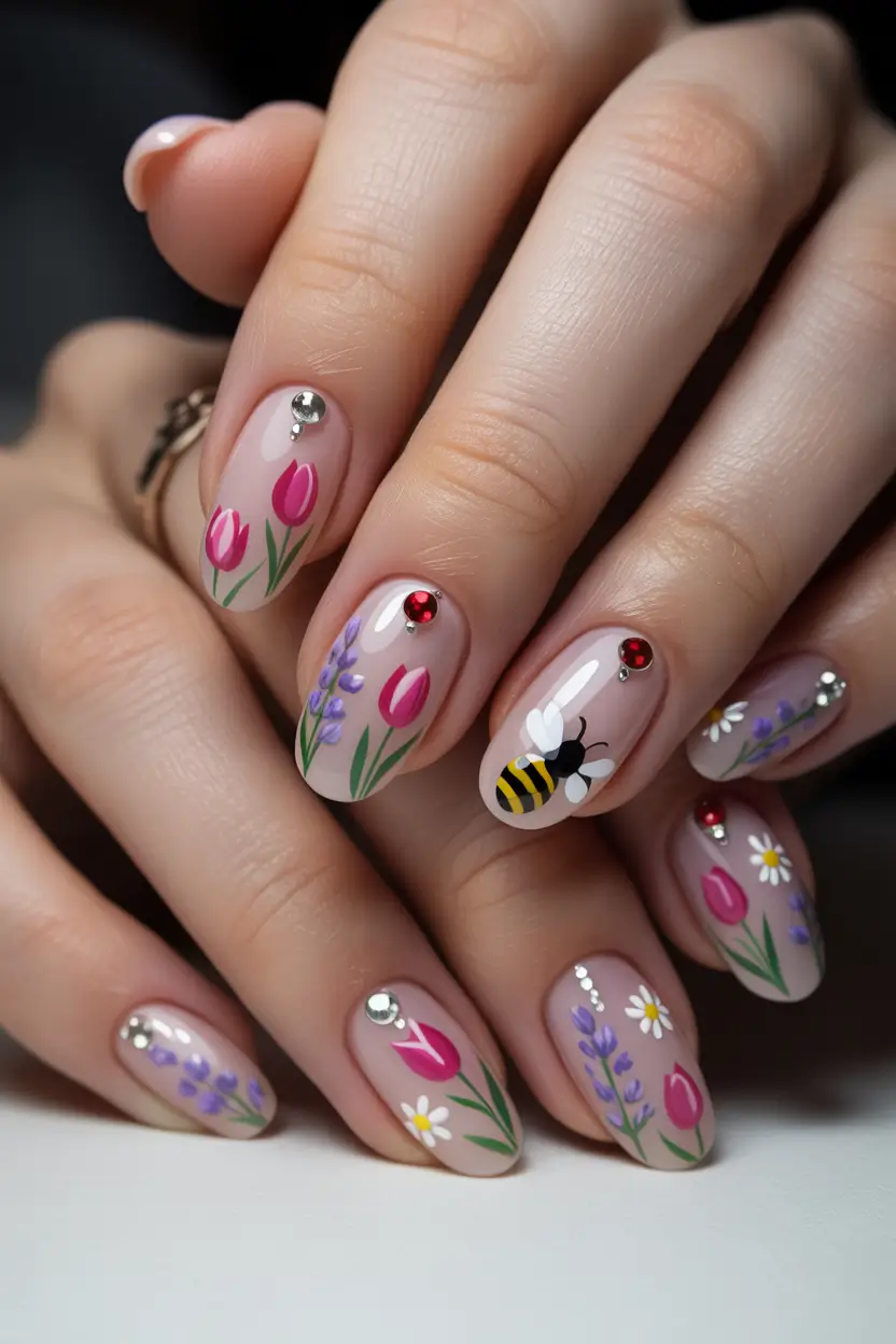 spring nail art 2026 Wildflower Garden Nails With Playful Accents