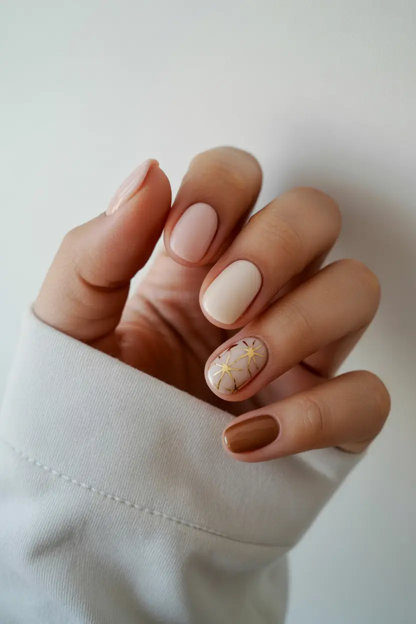 cute spring nail art 2026 Neutral Spring Nails With Delicate Gold Detail
