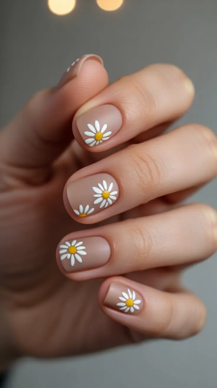 cute spring nail art 2026 Soft Nude Daisies On Short Spring Nails