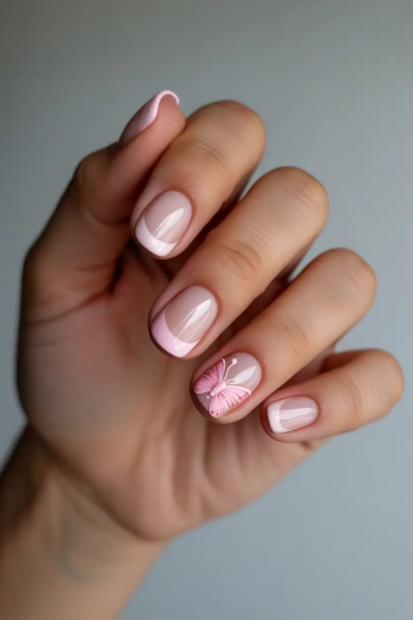 cute spring nail art 2026 Blush Pink French With Butterfly Accent