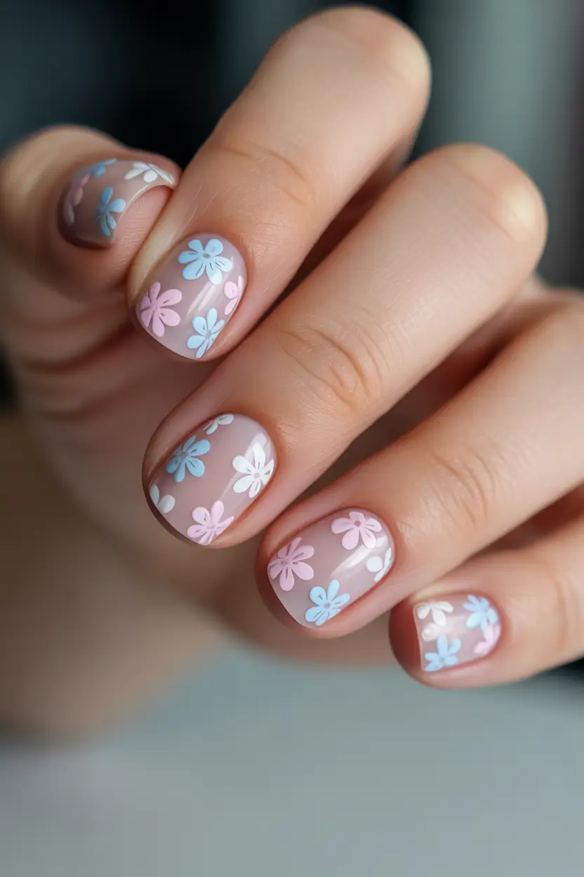 cute spring nail art 2026 Pastel Floral Pattern On Glossy Short Nails