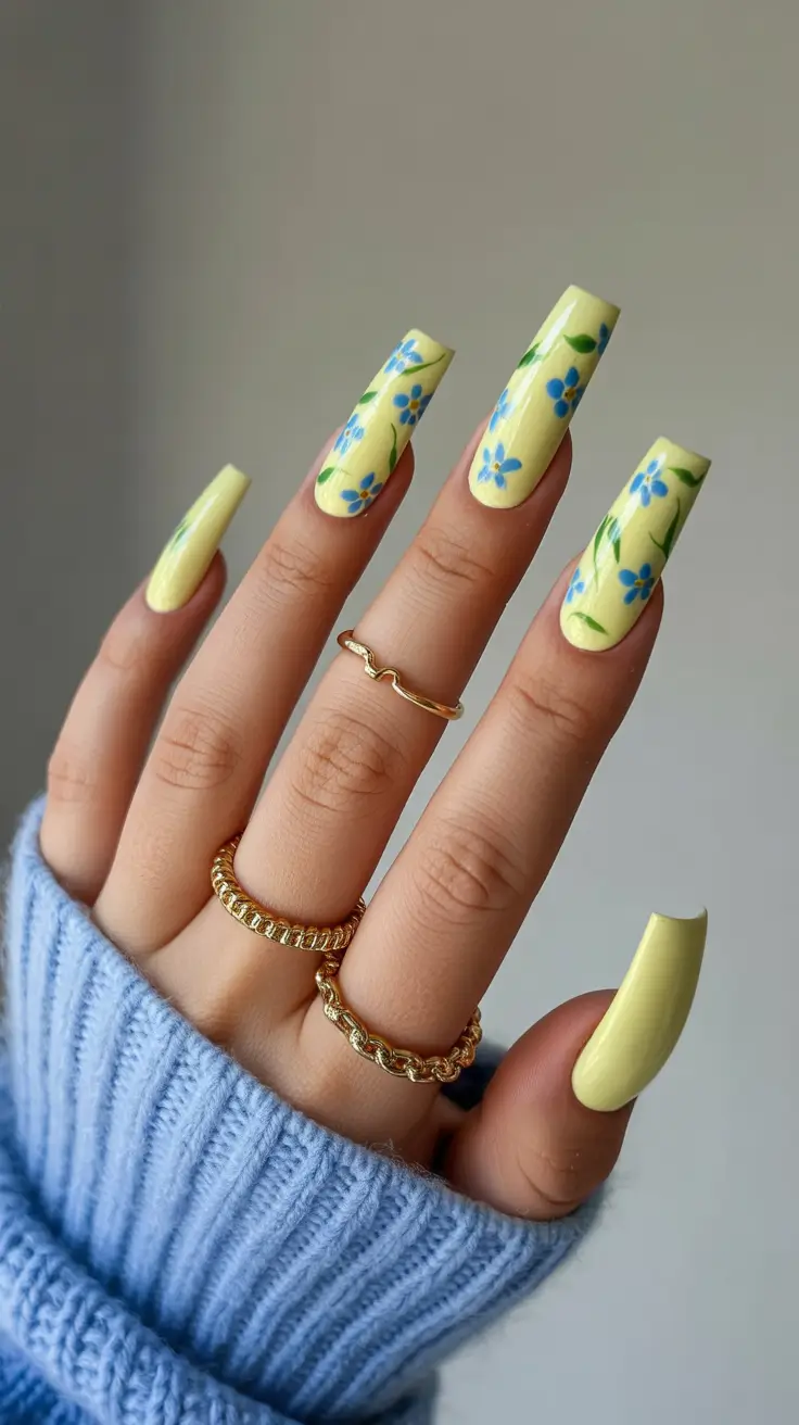 cute spring nail art 2026 Bold Yellow Long Nails With Blue Flowers