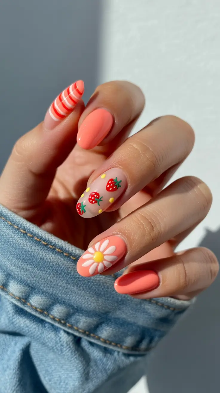 spring nail art 2026 Strawberry and Daisy Pastels With Coral Glow