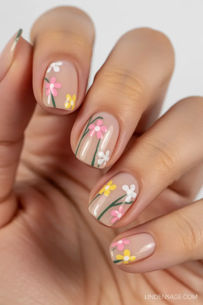 spring nail art 2026 Soft Nude Short Nails With Wildflower Details