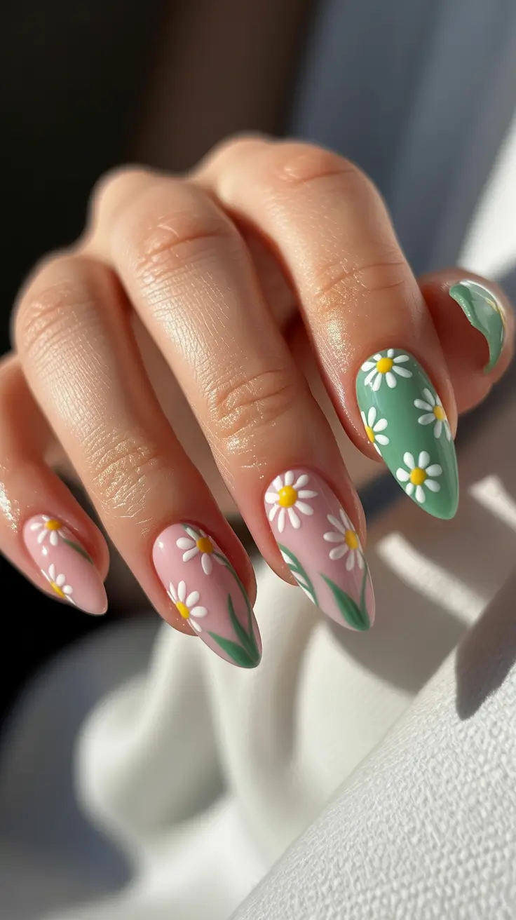 spring nail art 2026 Green and Blush Daisy Nails With Almond Shape