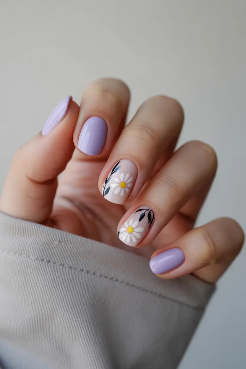 spring nail art 2026 Lavender Minimal Nails With Graphic Daisies