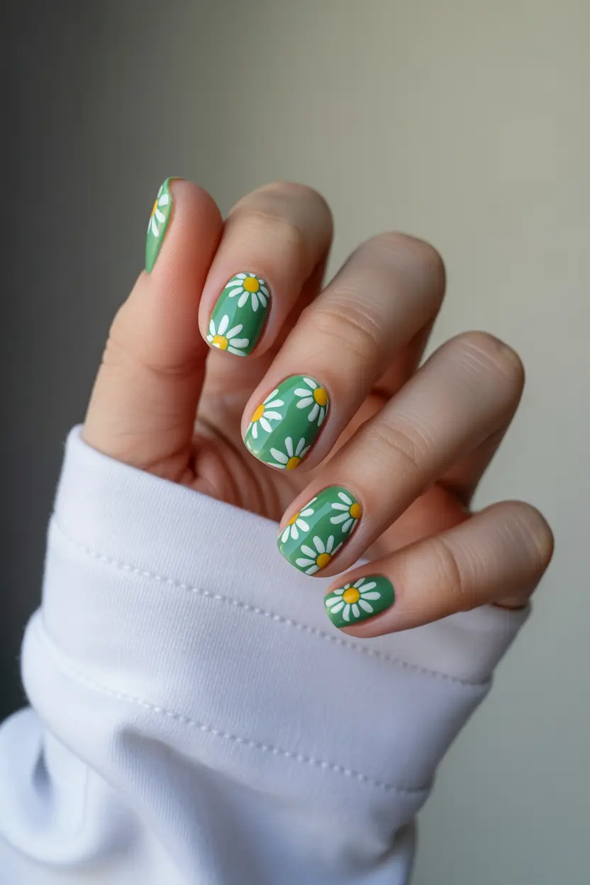 Cute Spring Nail Design 2026 Green Daisy Nails