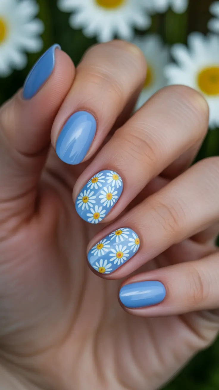 Cute Spring Nail Design 2026 Powder Blue Daisy Nails