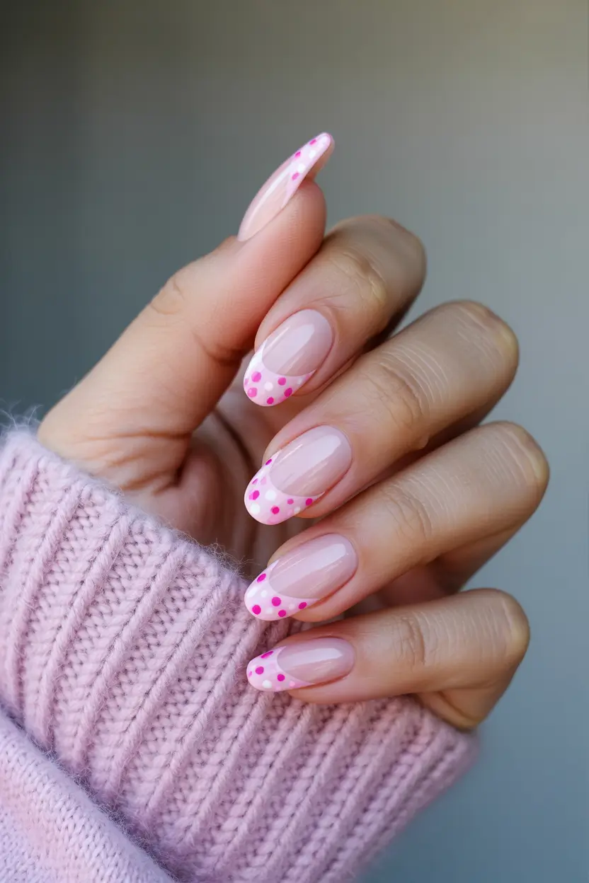 Cute Spring Nail Design 2026 Pink Polka Dot French Tips