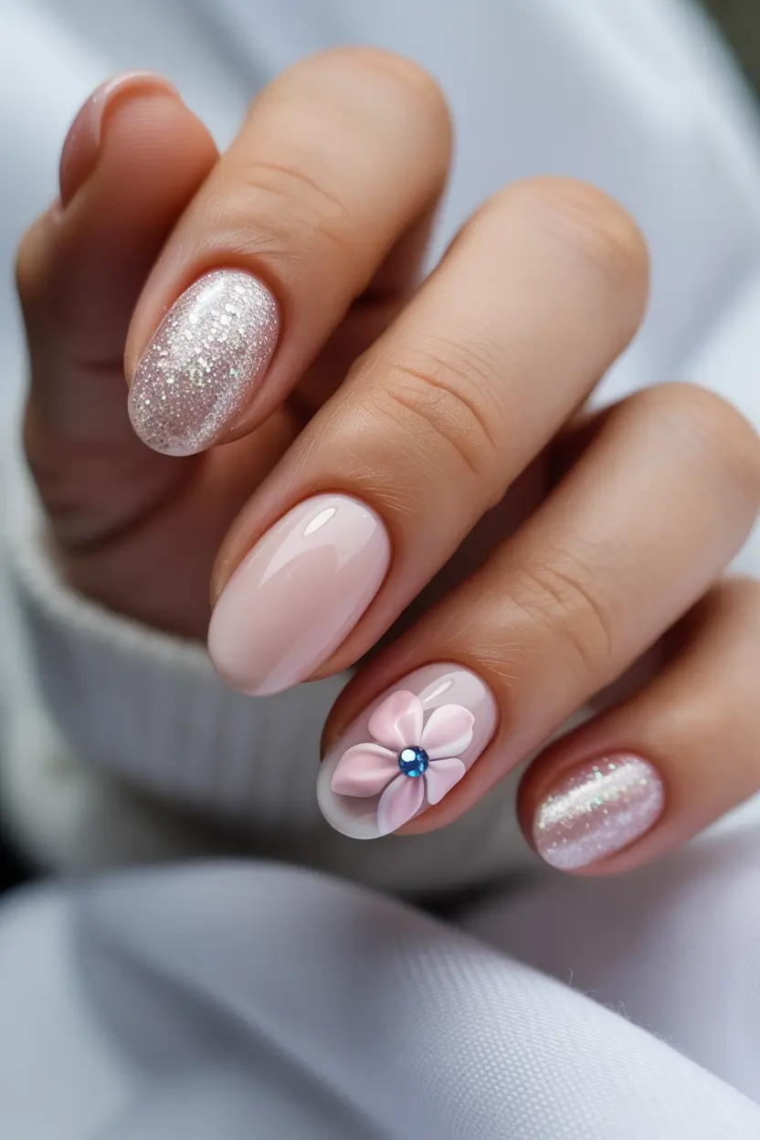 Cute Spring Nail Design 2026 Light Pink Glitter Flower Nails