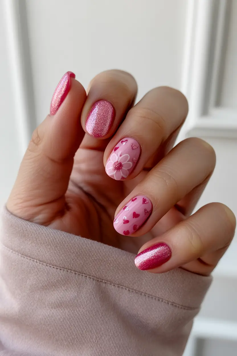 Cute Spring Nail Design 2026 Short Pink Hearts