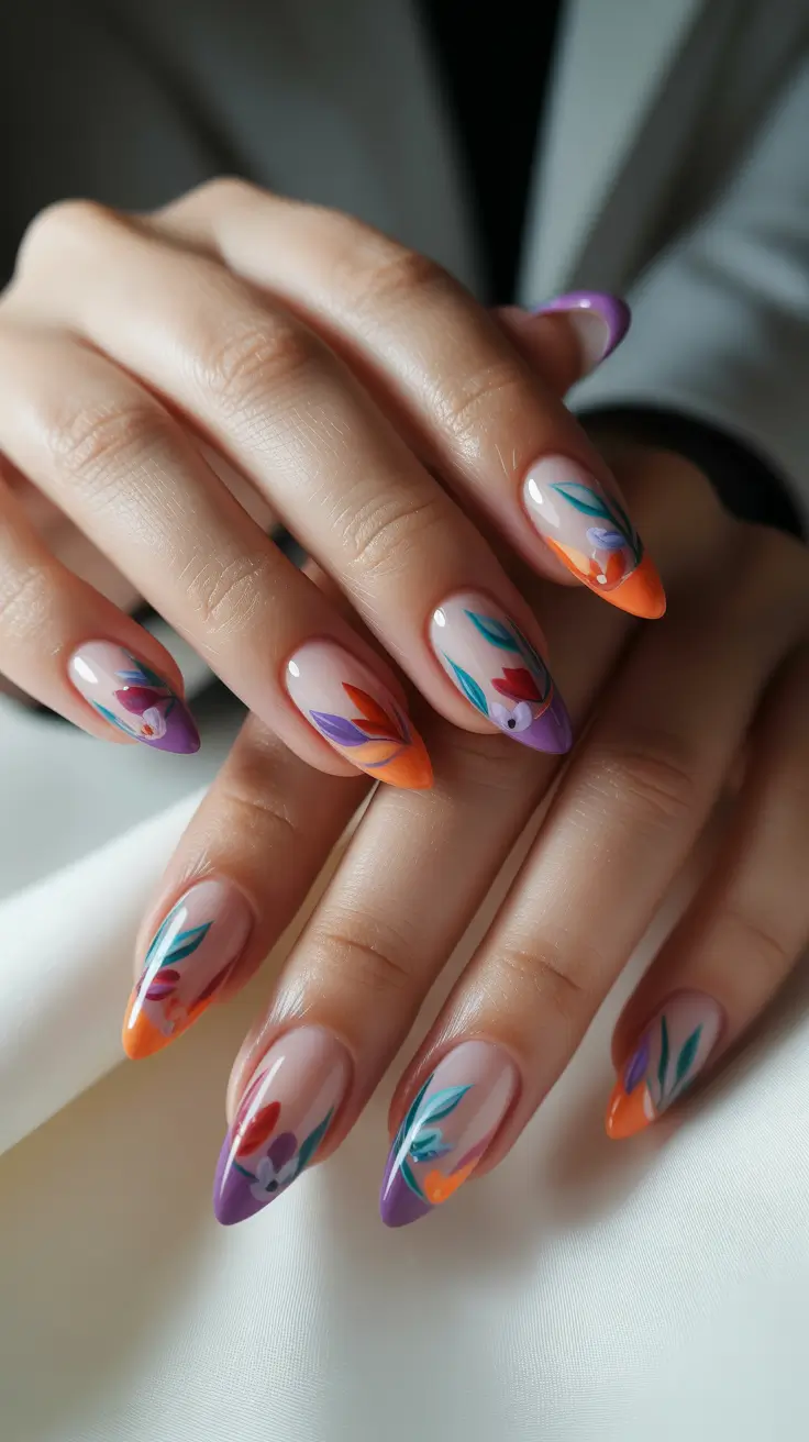 Cute Spring Nail Design 2026 Colorful Floral Almond