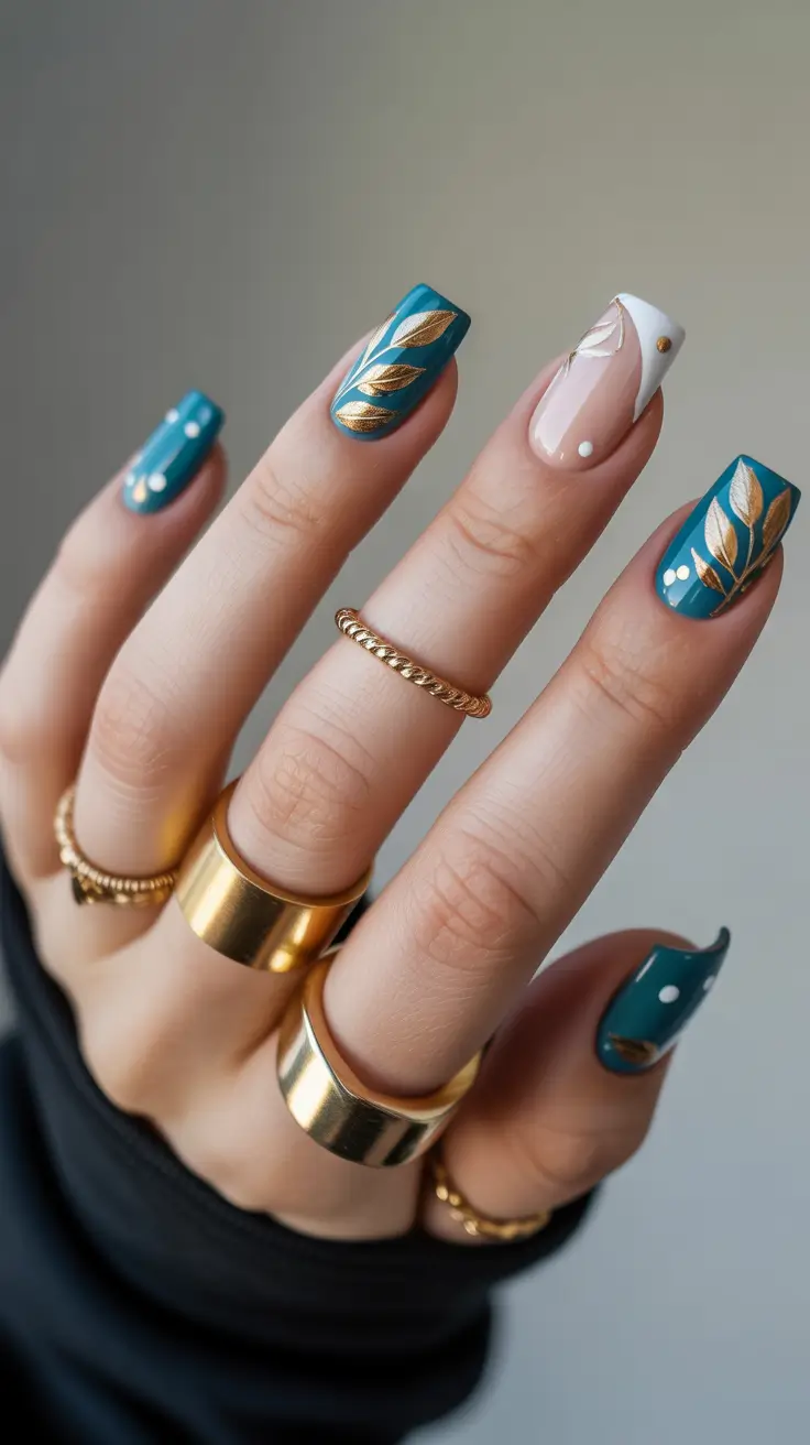 Cute Spring Nail Design 2026 Teal Gold Botanical