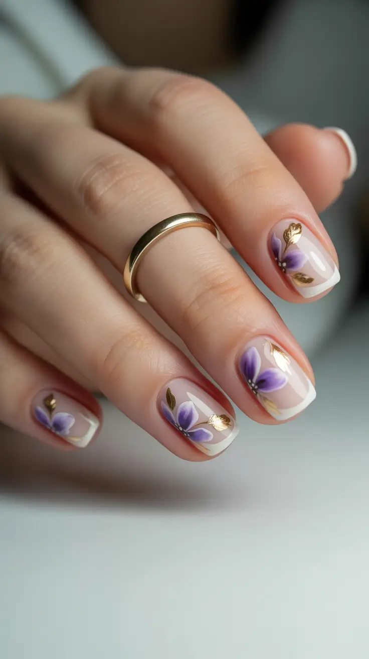 Cute Spring Nail Design 2026 Purple Floral French