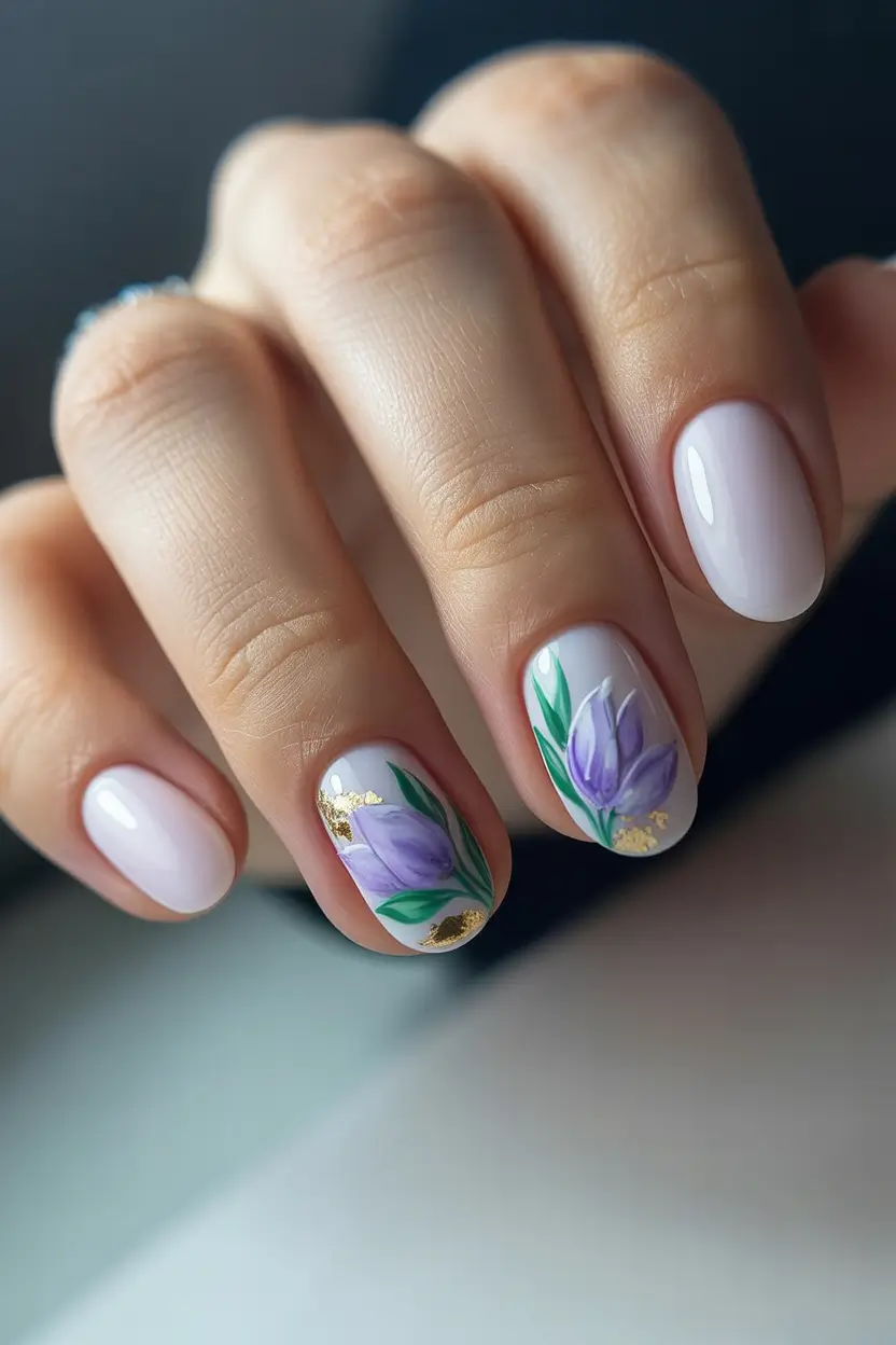 Cute Spring Nail Design 2026 White Lavender Floral