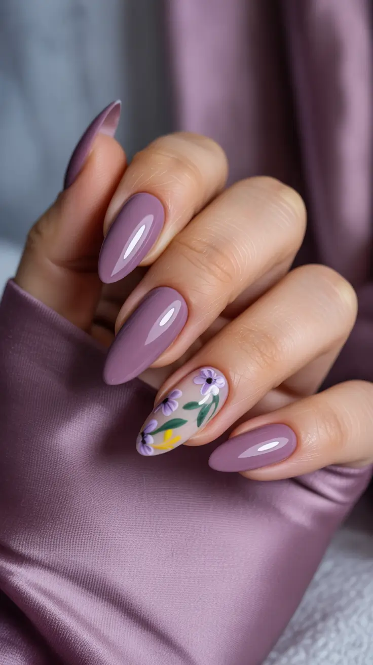 Cute Spring Nail Design 2026 Mauve Almond Floral