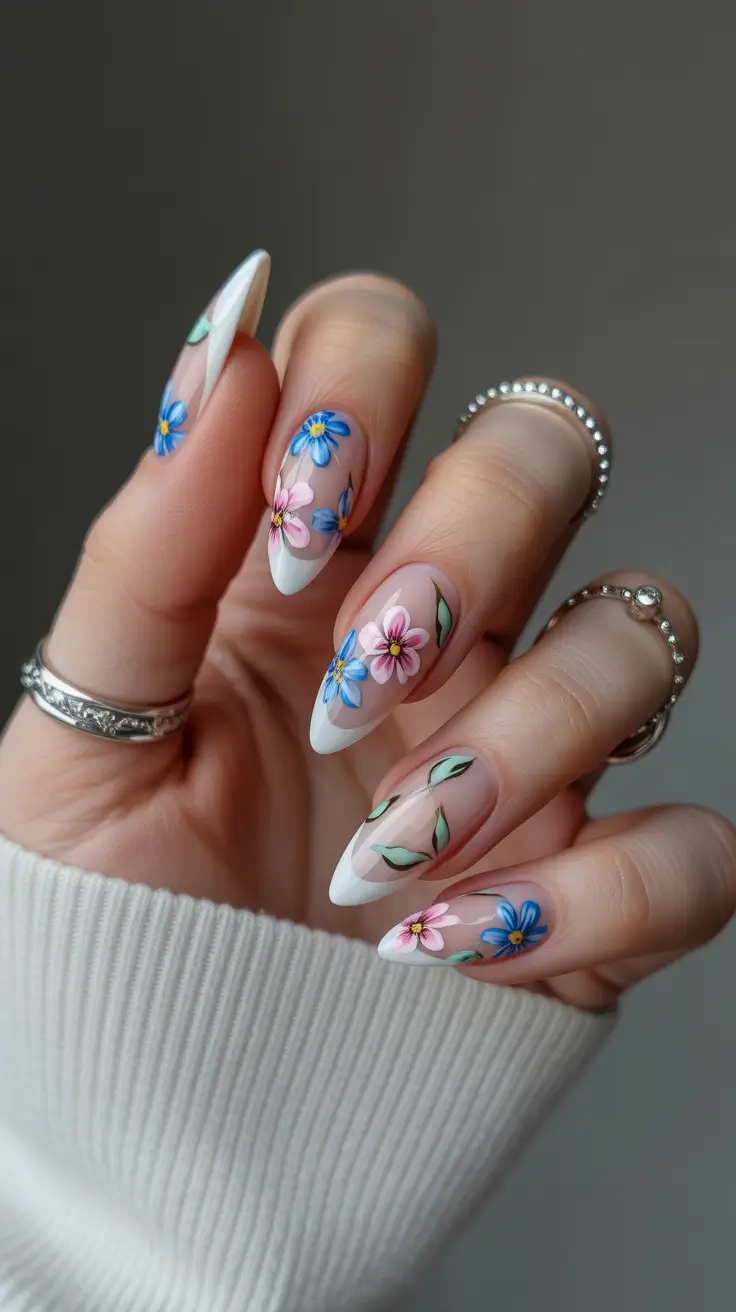 Cute Spring Nail Design 2026 Floral French Almond