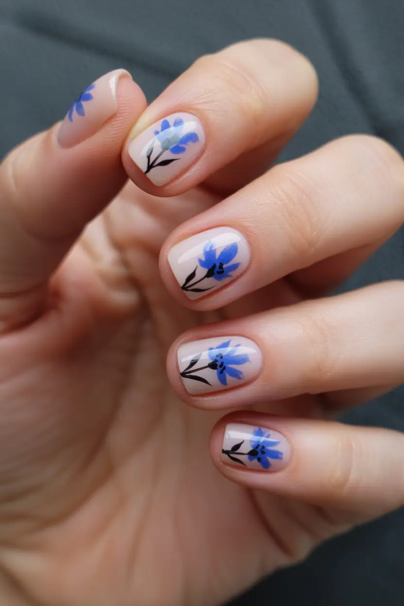 Cute Spring Nail Design 2026 Blue Flower Short Nails