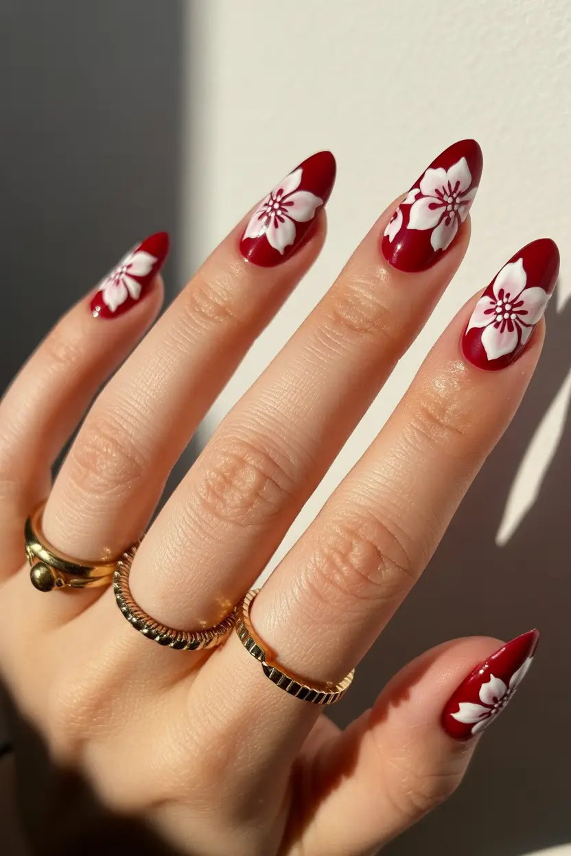 Cute Spring Nail Design 2026 Cherry Blossom Red Almond Nails