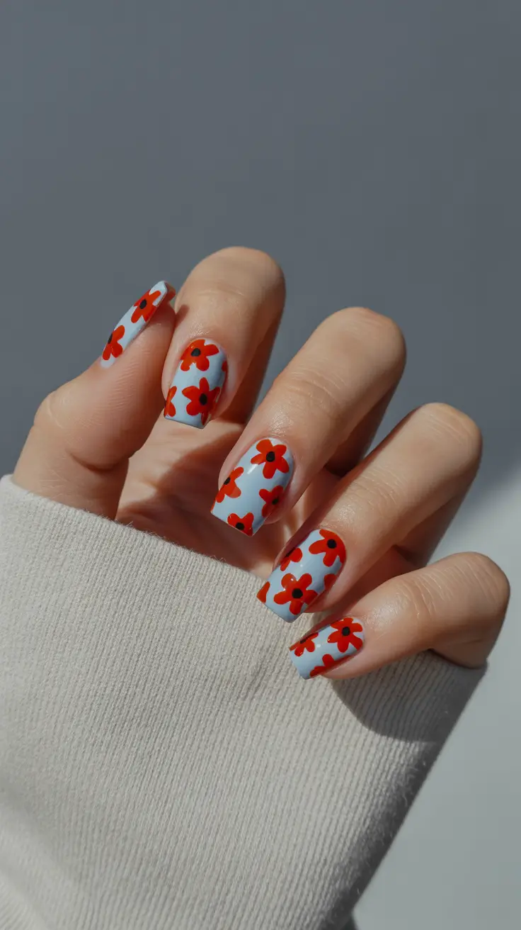 Cute Spring Nail Design 2026 Sky Blue Nails With Red Flowers
