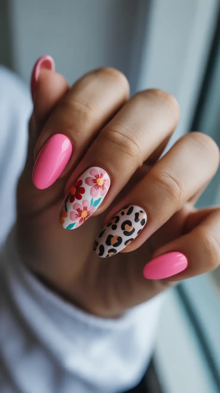 Cute Spring Nail Design 2026 Hot Pink Mix and Match Nails