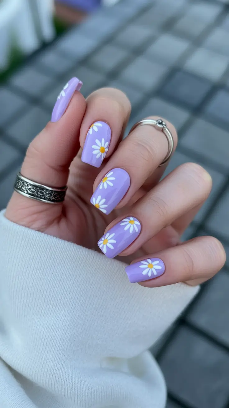 Cute Spring Nails 2026 Soft Purple Daisy Nails for Everyday Spring