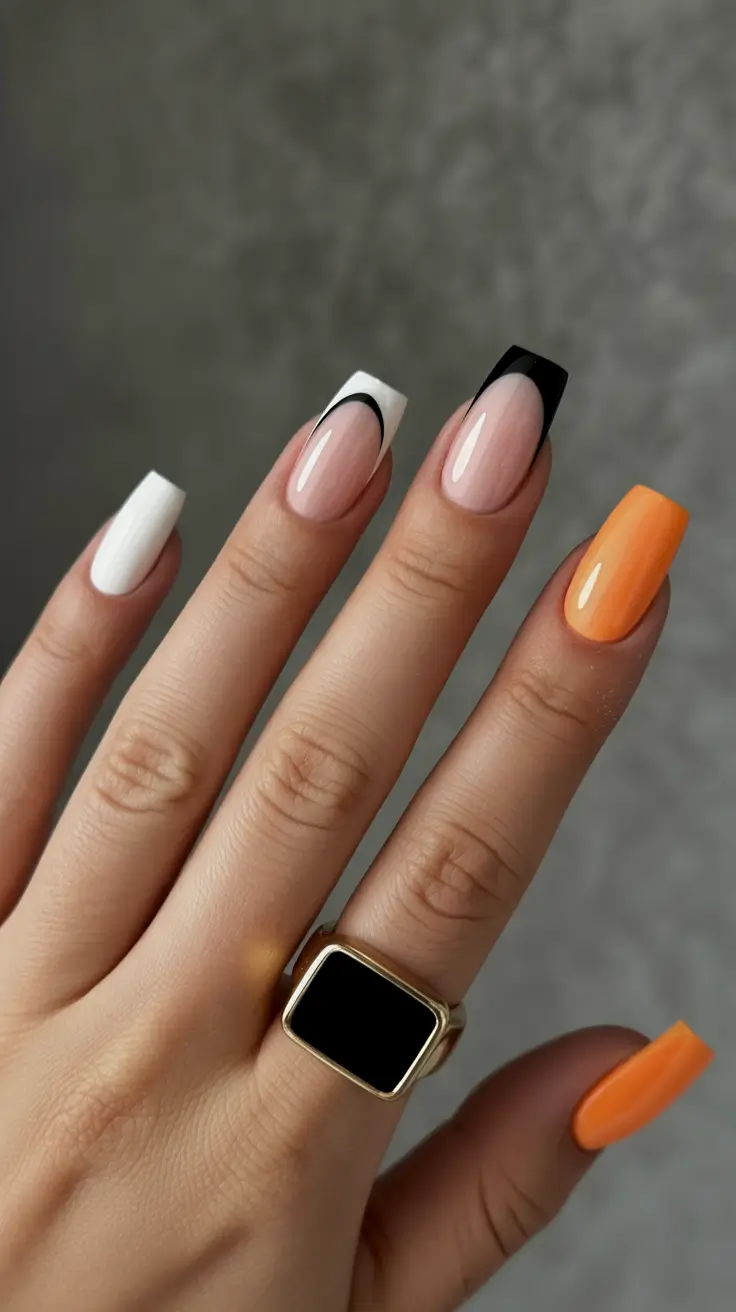 Cute Spring Nails 2026 Graphic French Tips with Orange Accent