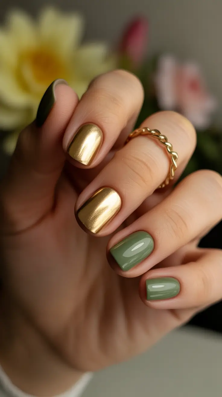 Cute Spring Nails 2026 Gold Chrome and Olive Green
