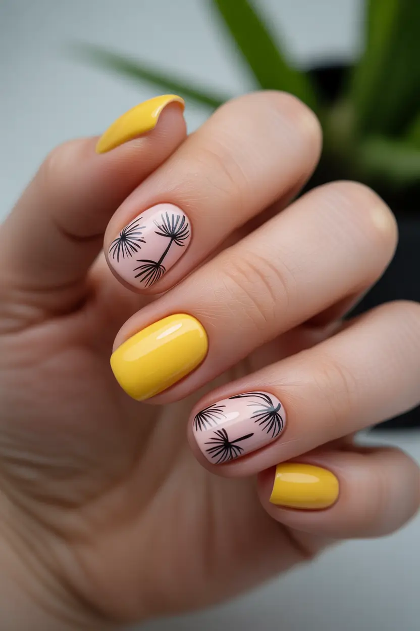 Cute Spring Nails 2026 Sunny Yellow With Dainty Dandelion Sketches