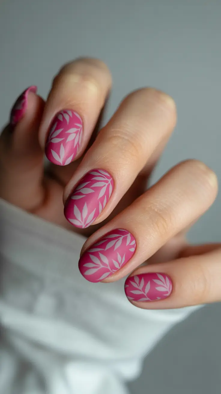 Cute Spring Nails 2026 Bold Pink Botanical Print for a Statement Spring Set