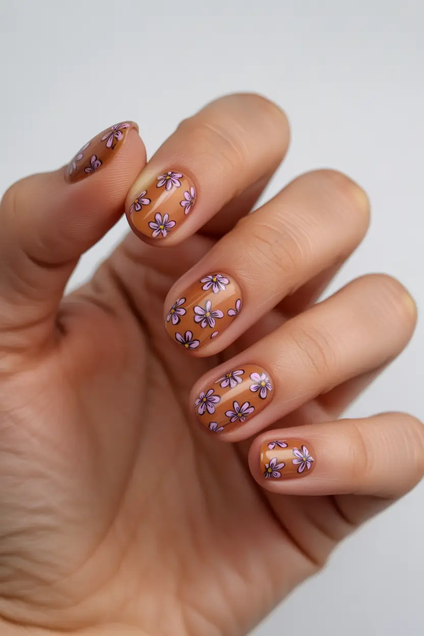 Cute Spring Nails 2026 Chocolate Nude With Tiny Purple Daisy Nails