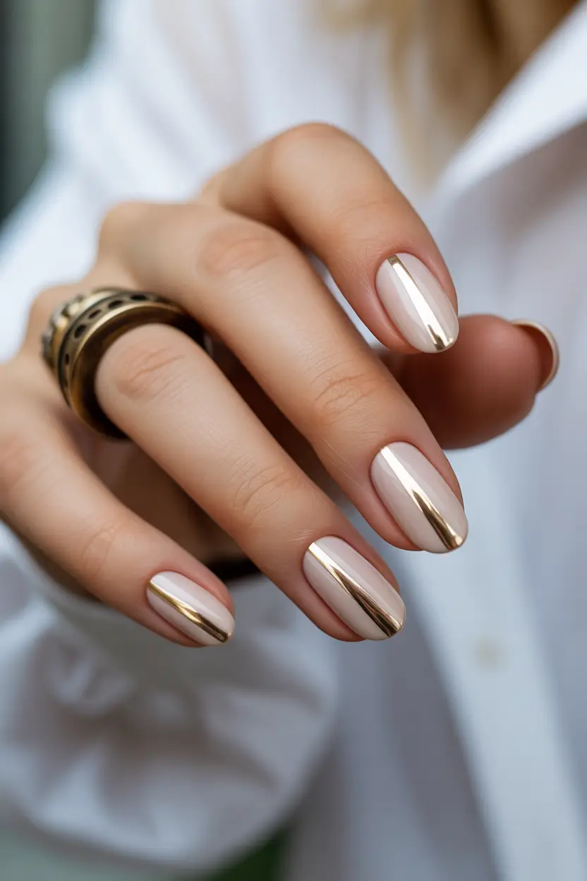Cute Spring Nails 2026 Glossy Milky Neutral Nails With Sleek Gold Stripes