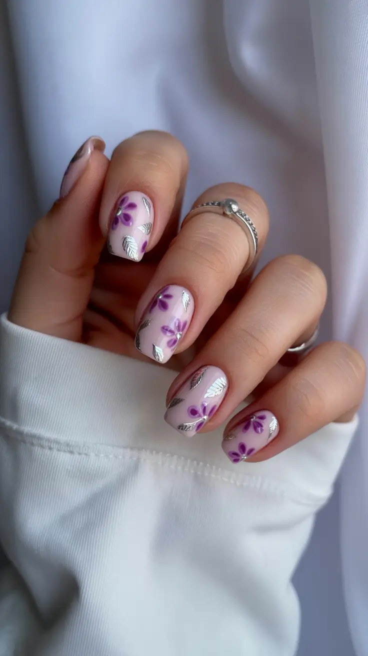 Cute Spring Nails 2026 Soft Lilac Florals With Silver Leaf Details