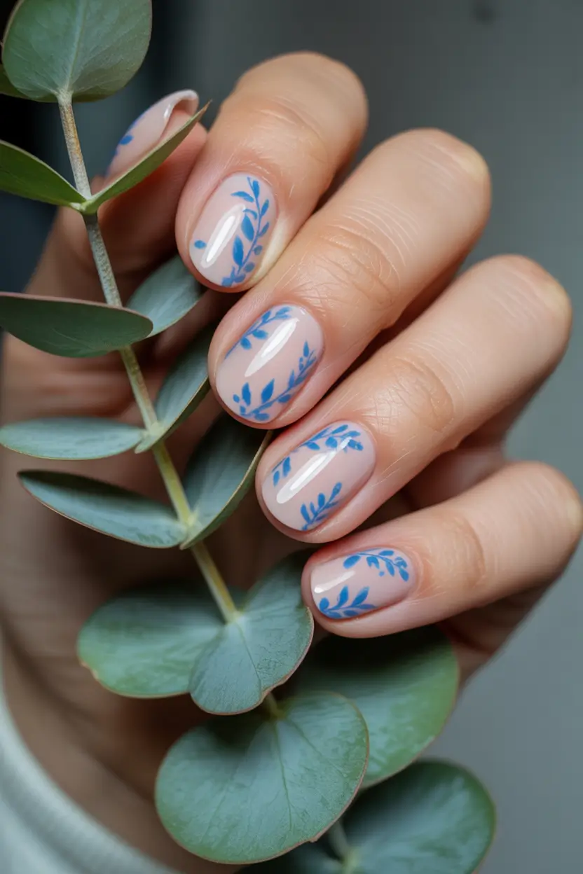 Cute Spring Nails 2026 Blue Botanical Tips on a Glossy Nude Base