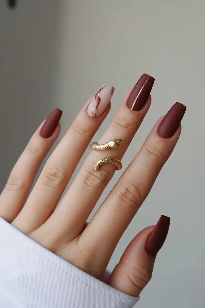 Cute Spring Nails 2026 Matte Mocha with Gold Lines
