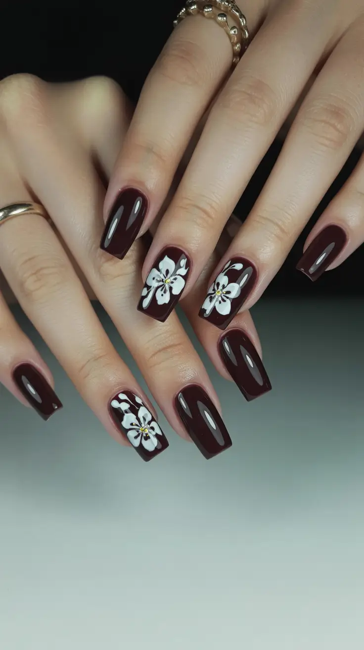 Cute Spring Nails 2026 Dark Floral Design