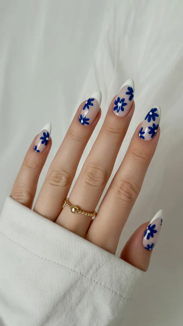Cute Spring Nails 2026 French Tips with Bold Blue Flower Art