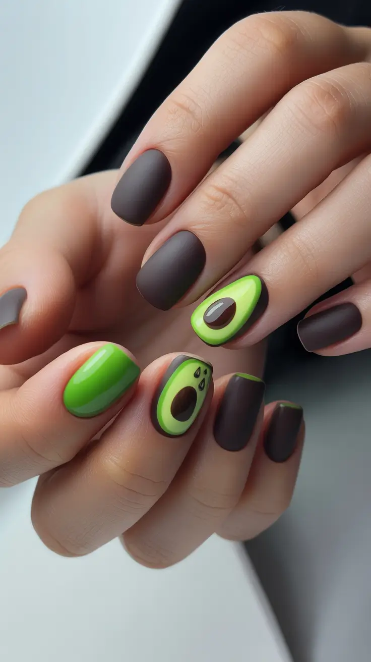 Cute Spring Nails Acrylic Designs 2026 Playful Avocado Green and Matte Cocoa Accents