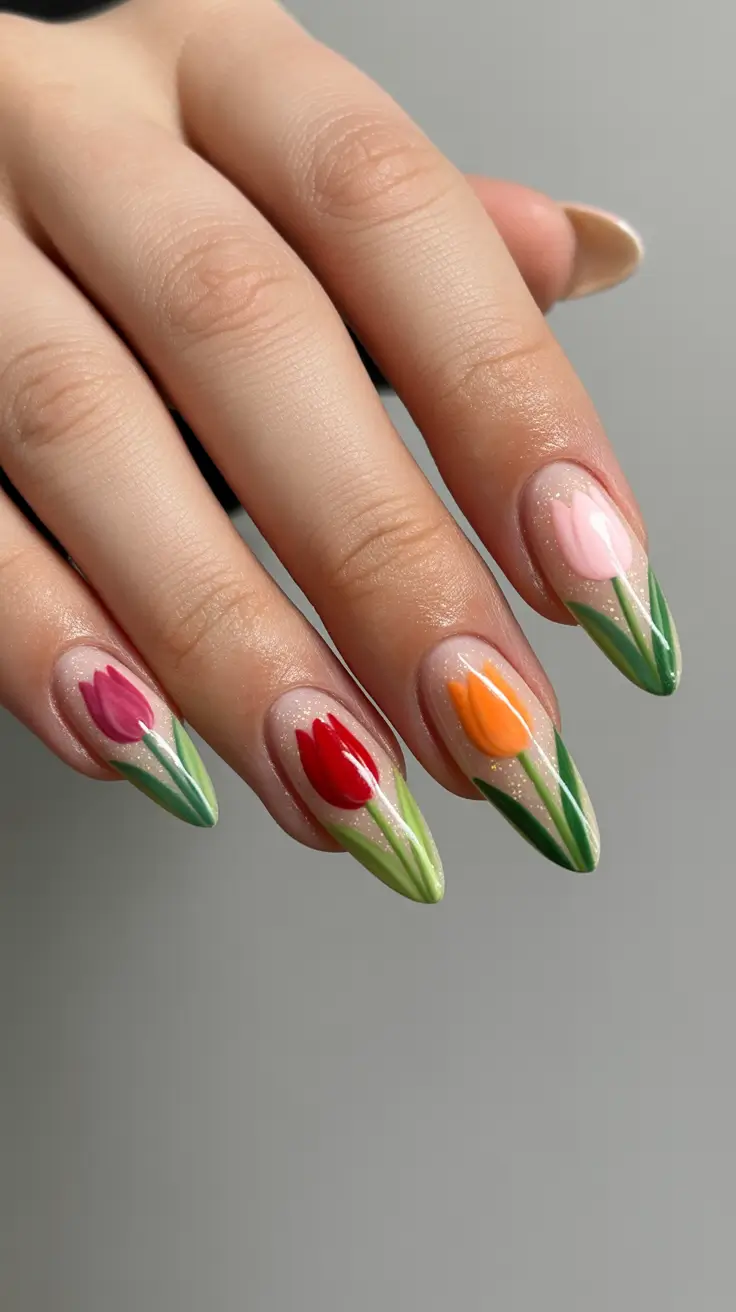 Cute Spring Nails Acrylic Designs 2026 Minimal Tulip Art on Short Almond Nails