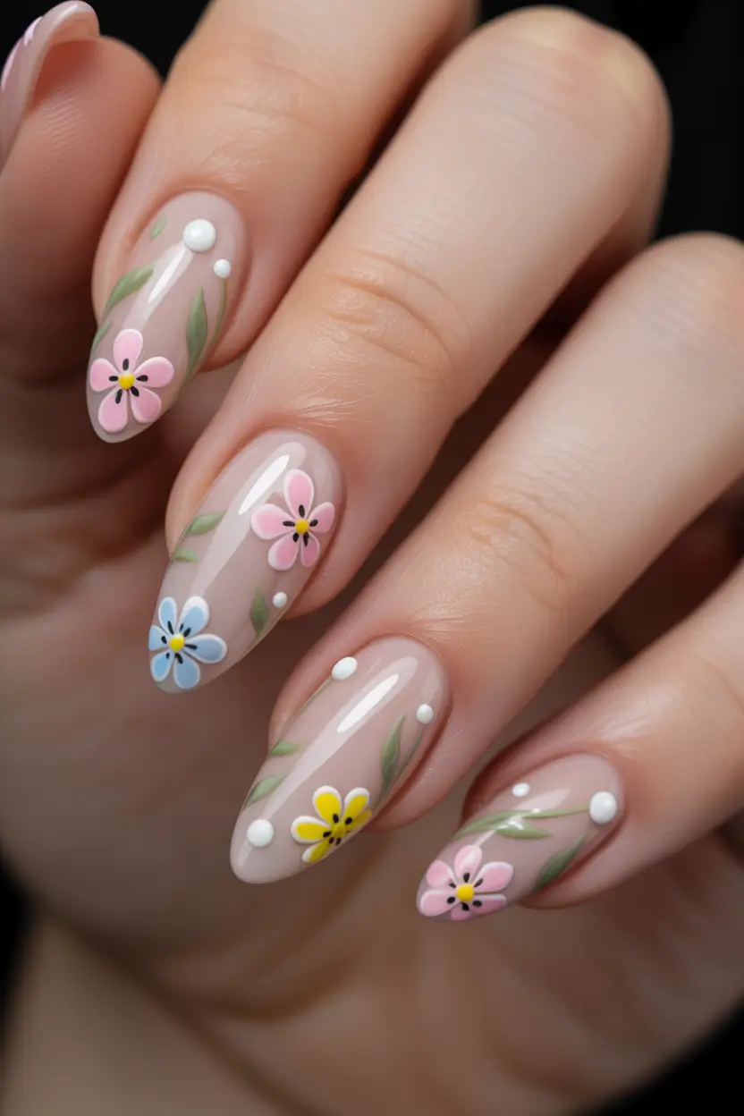 Cute Spring Nails Acrylic Designs 2026 Delicate Meadow Flowers on Sheer Nude Almond Nails